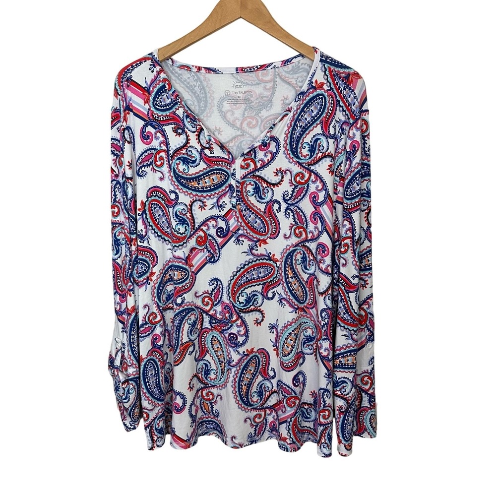 T by Talbots Top Womens 2X Pullover UPF 50+ Protection Paisley V Neck‎ Stretch